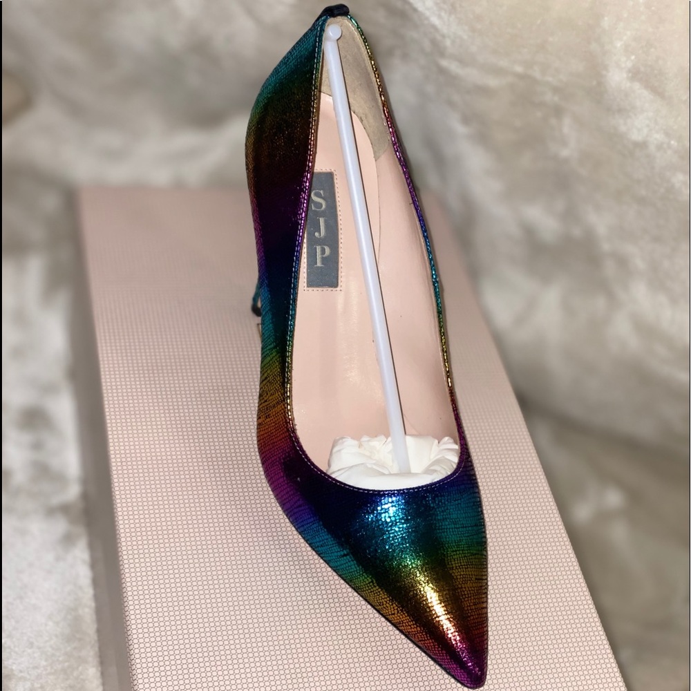 sarah jessica parker fawn rainbow metallic pumps